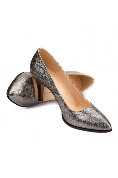 Pantofi cu toc dama eleganti din piele naturala argintie 4084