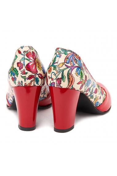 Pantofi cu toc din Piele Naturala Rosu Floral 4026