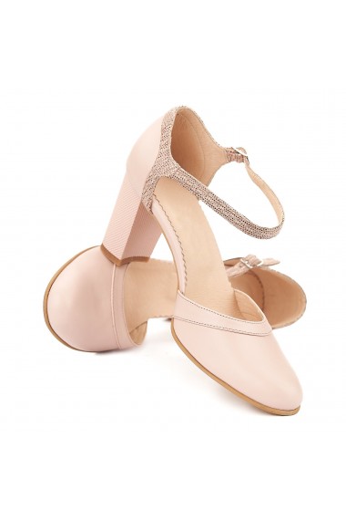 Pantofi eleganti din piele naturala roz pudra toc gros 5051