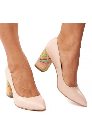 Pantofi dama din piele naturala roz toc colorat 4176