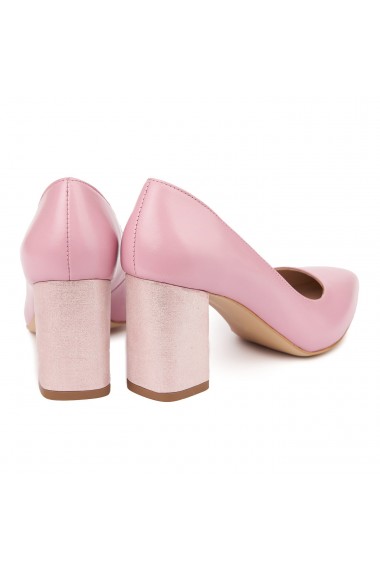 Pantofi dama toc gros din piele naturala roz 4814
