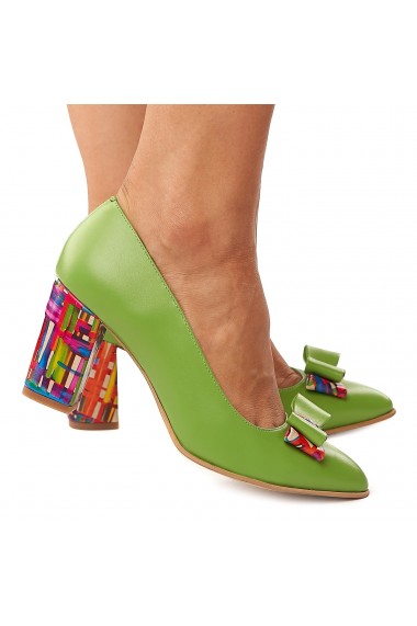 Pantofi dama din piele naturala verde cu toc colorat 4188