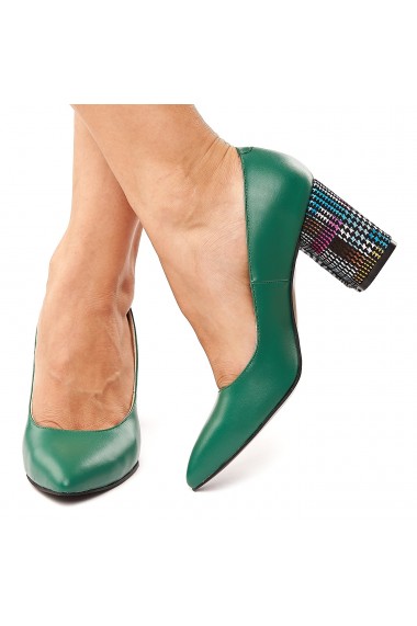 Pantofi dama din piele naturala verde cu toc colorat 4191