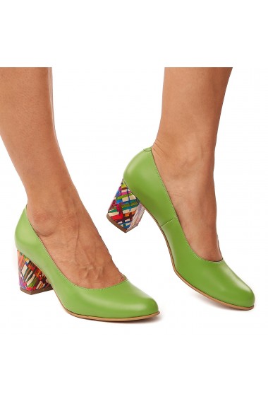 Pantofi dama din piele naturala verde cu toc colorat 4193