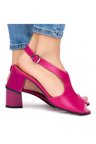 Sandale elegante din piele naturala roz cu toc gros 9060