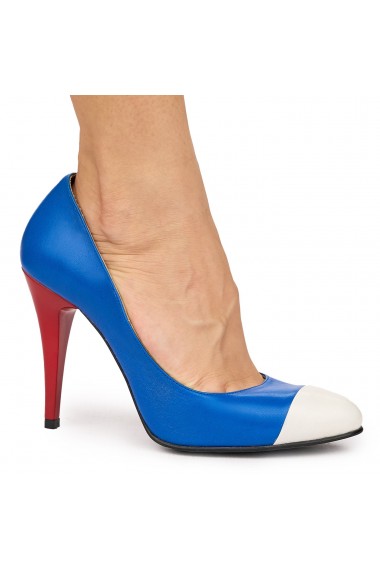 Pantofi din piele naturala albastra cu toc ascutit 9100