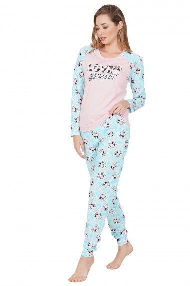 Pijama dama din bumbac model vacute cu maneca lunga si pantalon lung