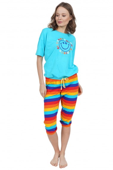 Compleu de dama tricou cu maneca scurta si pantalon 3/4 model Smiley Rainbow