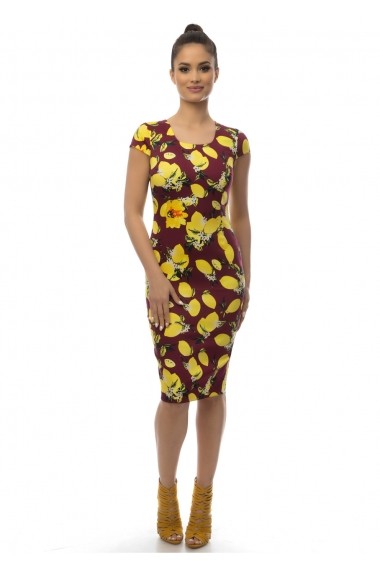 Rochie de zi AD-Fashion grena cu flori galbene ADF-R111i805