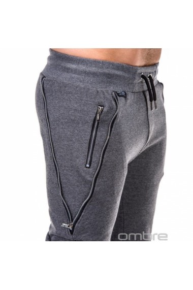 Pantaloni pentru barbati de trening gri inchis fermoare decorative banda jos cu siret bumbac  p421