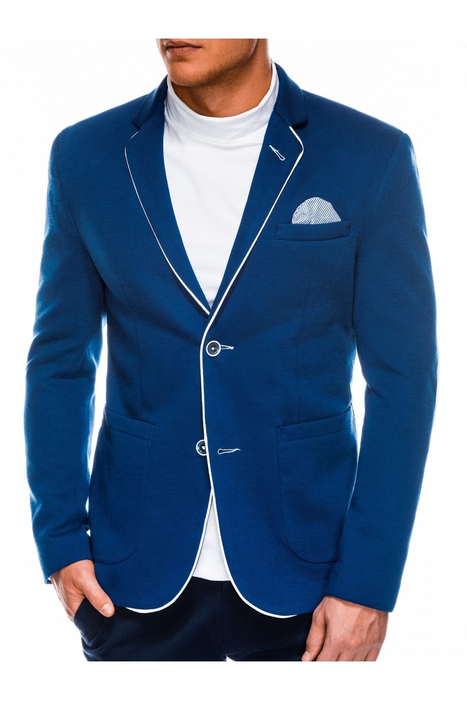 Sacou pentru barbati bleu casual slim fit cu buzunare aplicate inchidere doi nasturi M81 - FashionUP!