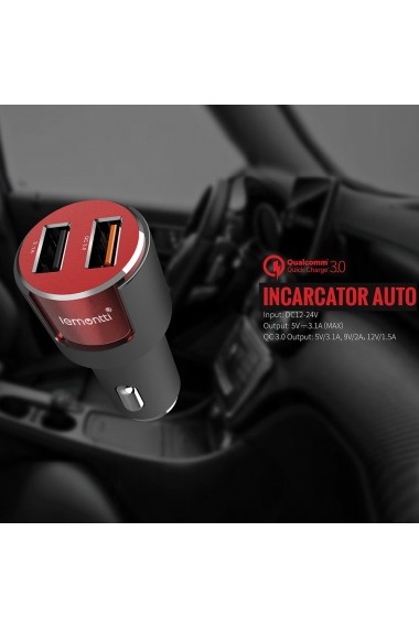 Incarcator Auto Type-C Lemontti Qualcomm 3.0 Dual USB Negru-Rosu 3.1A (cablu detasabil)