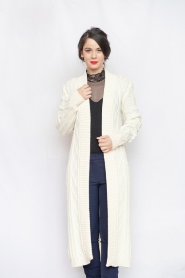 Cardigan lung Carmen Grigoriu long-wool-alb-ivoire