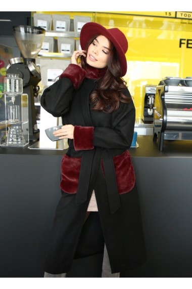 Palton negru Roserry oversize cu aplicatii din blana eco