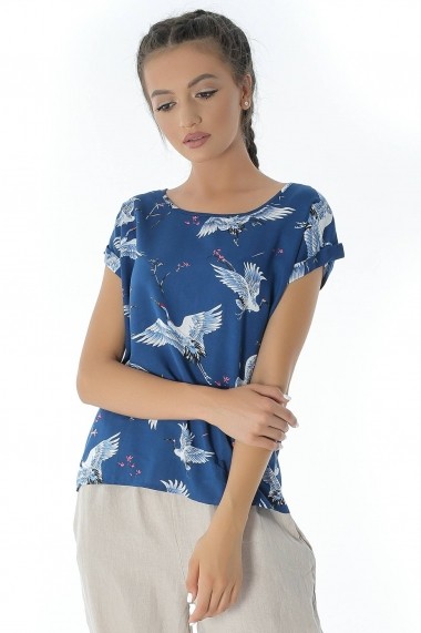 Bluza Roh Boutique Albastra, ROH, cu imprimeu pasari - BR1825 Albastra|Multicolora
