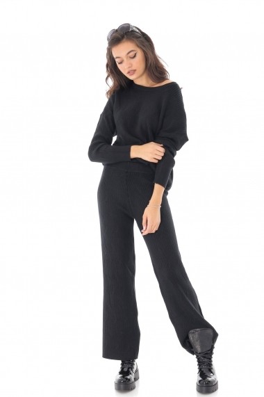Compleu Roh Boutique bluza si pantalon neagra, cu aspect ripsat, ROH - TR336 negru