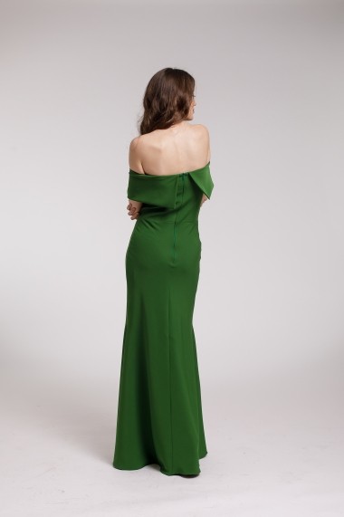 Rochie lunga Couture de Marie verde cu volan supradimensionat