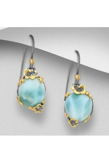 Cercei Fine Jewelry din argint veritabil 925 cu larimar suflati cu aur 22k si ruteniu