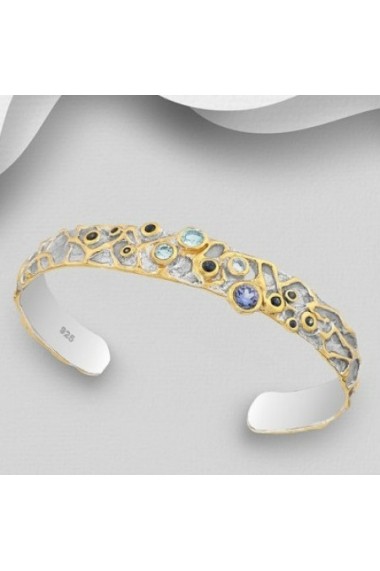 Bratara Fine Jewelry din argint veritabil 925 cu safire albastre topaz si tanzanit suflata cu aur 22k si rodiu